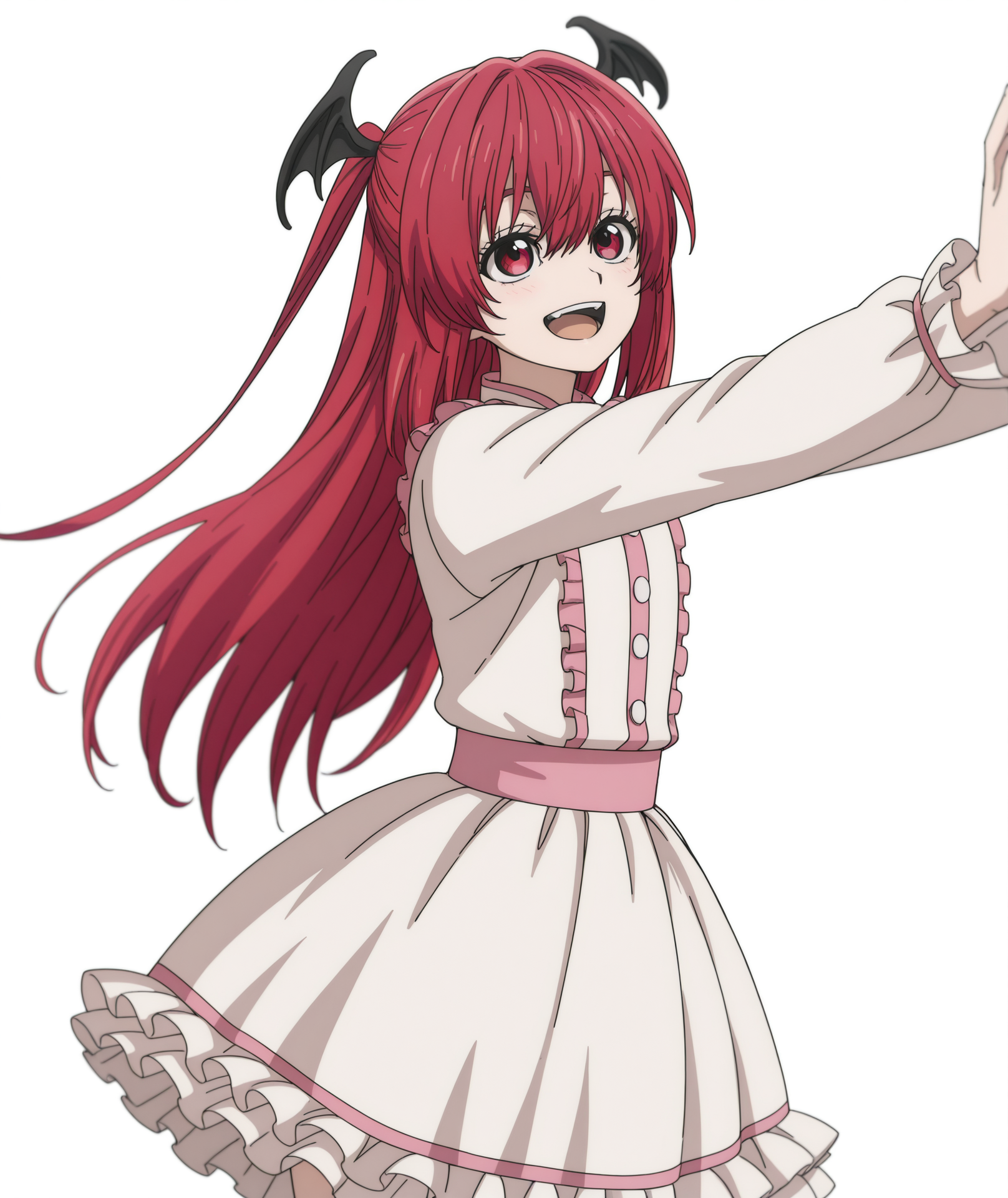 official art, absurdres, highres, anime coloring, hi res, best quality, masterpiece, 2d, intricate details, 4k,
1girl, female, smile, open mouth, :d, long hair, red eyes, red hair, wings, head wings,
dress, white dress, long sleeves, frills, frilled dress, frilled skirt, frilled sleeves, skirt,
cowboy shot, 
depth of field, white background, <lora:Angelica_Diarmuit_ILXL:1>, shinmai ossan bokensha, angelica diarmuit,