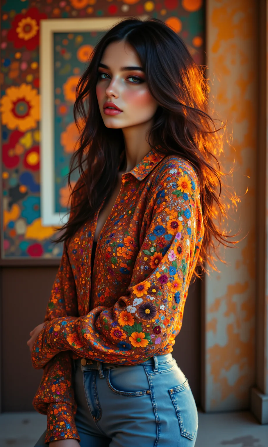 A breathtaking, high-fashion editorial photoshoot featuring Veruschka, styled in 1970s bohemian chic by designers Giorgio Armani. She wears a bohemian peasant blouse with jeans, styled with chunky platform heels. The color palette reflects the iconic tones of the decade: earthy browns and oranges. The outfit's fabrics include lurex, perfectly capturing the aesthetic of the 70s. <lora:FLUX.1-DEV_-_Wild_1970s_Fashions_LoRA:0.8>, <lora:midjourney_whisper_avant_couture_v01:0.6>,
break
perfectly smooth jawline, no cleft chin, soft and defined chin, symmetrical and elegant facial features, well-balanced proportions, delicate and flawless face, smooth skin texture, sharp yet gentle jawline, natural beauty, high cheekbones, soft jaw curves, sleek, even facial structure, harmonious face symmetry, no dimples or clefts, clean and graceful profile, refined and polished appearance, seamless jawline transition, fine facial detail,
break
twisted torso pose, candid fashion, from behind, looking back, from above, slight tilt, upper body, wide framing, floating hair, looking away,
break
8k, ultra photorealistic, cinematic lighting, warm tones with soft shadows, high dynamic range, subtle film grain, lens flare, and a warm golden-hour glow. Backgrounds feature art gallery, with slight bokeh for depth, capturing the essence of 1970s fashion in a fine art editorial style. aidmafluxpro1.1, <lora:aidmaFluxPro1.1Stylev0.2:0.7>, midjourney_whisper, <lora:midjourney_whisper_flux_lora_v01:0.5>, velvet_myst, <lora:Midjourney_Whisper_Chromaplex_Velvet_Myst_v01:0.8>,