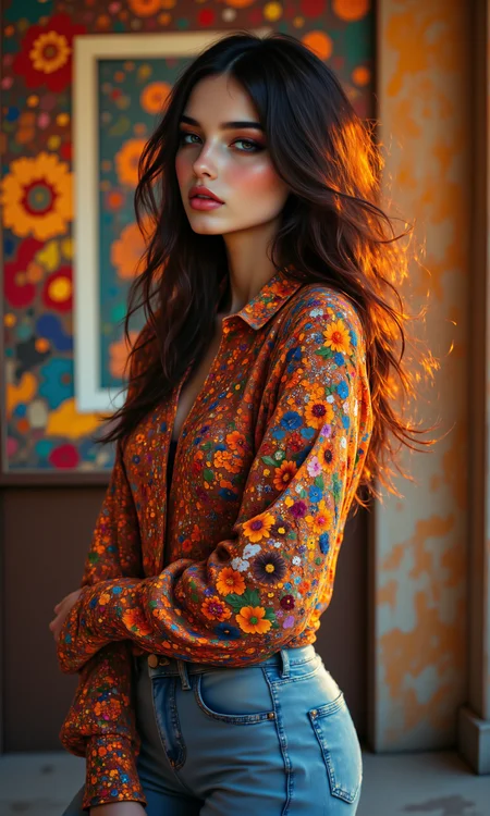 A breathtaking, high-fashion editorial photoshoot featuring Veruschka, styled in 1970s bohemian chic by designers Giorgio Armani. She wears a bohemian peasant blouse with jeans, styled with chunky platform heels. The color palette reflects the iconic tones of the decade: earthy browns and oranges. The outfit's fabrics include lurex, perfectly capturing the aesthetic of the 70s. <lora:FLUX.1-DEV_-_Wild_1970s_Fashions_LoRA:0.8>, <lora:midjourney_whisper_avant_couture_v01:0.6>,
break
perfectly smooth jawline, no cleft chin, soft and defined chin, symmetrical and elegant facial features, well-balanced proportions, delicate and flawless face, smooth skin texture, sharp yet gentle jawline, natural beauty, high cheekbones, soft jaw curves, sleek, even facial structure, harmonious face symmetry, no dimples or clefts, clean and graceful profile, refined and polished appearance, seamless jawline transition, fine facial detail,
break
twisted torso pose, candid fashion, from behind, looking back, from above, slight tilt, upper body, wide framing, floating hair, looking away,
break
8k, ultra photorealistic, cinematic lighting, warm tones with soft shadows, high dynamic range, subtle film grain, lens flare, and a warm golden-hour glow. Backgrounds feature art gallery, with slight bokeh for depth, capturing the essence of 1970s fashion in a fine art editorial style. aidmafluxpro1.1, <lora:aidmaFluxPro1.1Stylev0.2:0.7>, midjourney_whisper, <lora:midjourney_whisper_flux_lora_v01:0.5>, velvet_myst, <lora:Midjourney_Whisper_Chromaplex_Velvet_Myst_v01:0.8>,