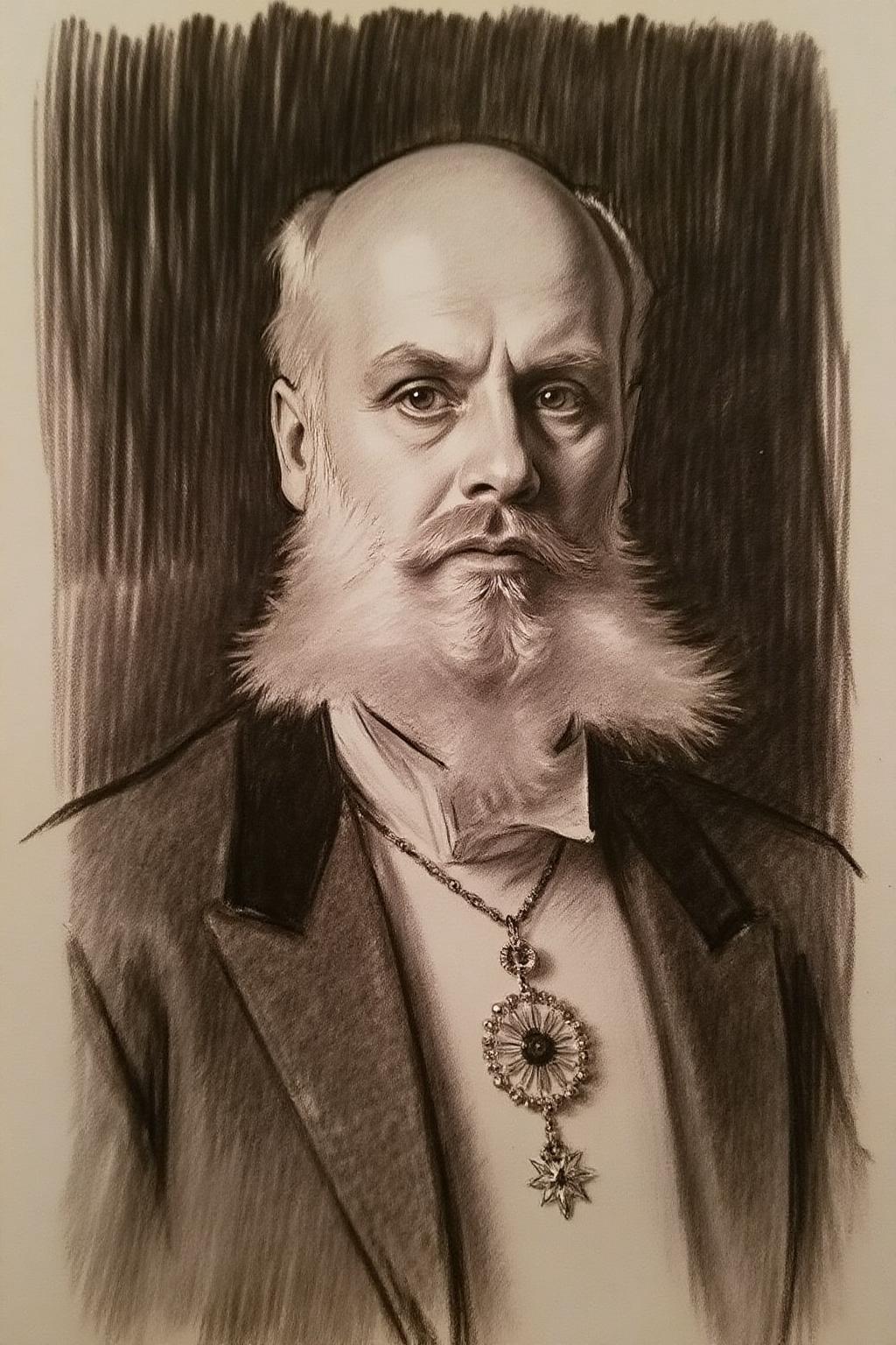 ,johnss1 charcoal drawing.
charcoal drawing of an elderly man from early 20th century. The man has a bald head with a full, thick beard and mustache. The background is shaded and textured, creating a striking contrast that highlights the subject. <lora:johnss1_cap_d6a3e12:1.0><lora:824329839294175685:0>