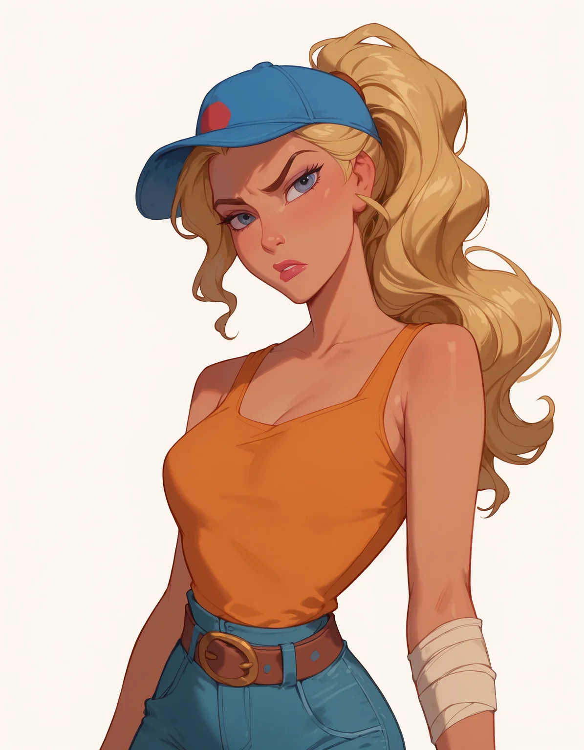 <lora:Disney_Style:.9> <lora:princess_xl_v2:.75> <lora:add-detail-xl:.9> <lora:g0th1cPXL:.3> <lora:Cherry-Gig:.45> <lora:Expressive_H:1> <lora:PLASTT_PonyV6:1> score_9, score_8_up, score_7_up, zPDXL, DisneyRenstyle, score_9,score_8_up,score_7_up,score_6_up,
(white background, plain background, ambient lighting), (standing, 3/4 view),
1girl, solo, sexy 18 year old, (tan skin), blonde hair, ponytail, wavy hair, dark orange tank top, blue baseball cap, brown belt, jeans, white bandage on arm,
serious expression, annoyed, eyebrow raise, narrow eyes, flirty, grey eyes, slender, sexy pose, legs spread,
perfect hands, 5 fingers, slender waist,