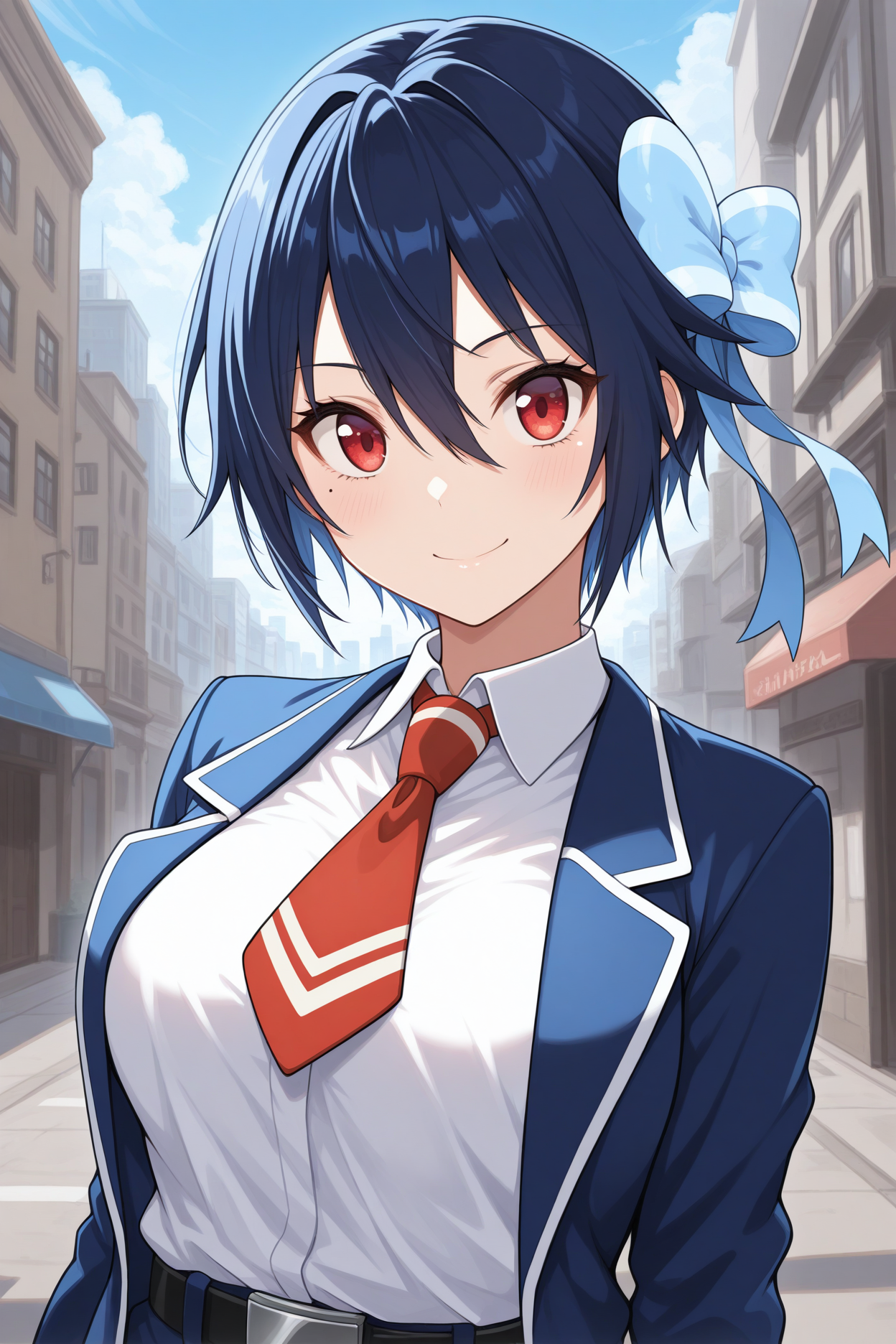 masterpiece, best quality, 1girl, solo, <lora:tsugumi-illu-nvwls-v1-000007:1> sstsu, mole under eye, dark blue hair, short hair, hair between eyes, red eyes, breasts, hair bow, light blue bow, red necktie, dark blue blazer, short necktie, white shirt, collared shirt, belt, upper body, looking at viewer, smile, blue sky, city street