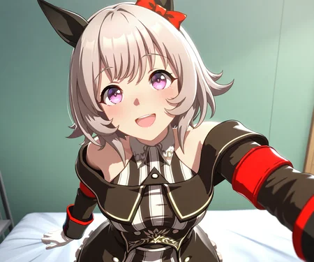 masterpiece, best quality, amazing quality, , 1girl, solo, looking at viewer,   <lora:Curren Chan in game style 3D ILL-v2:1> ummsmingame, 3d, curren chan \(umamusume\), smile, open mouth,