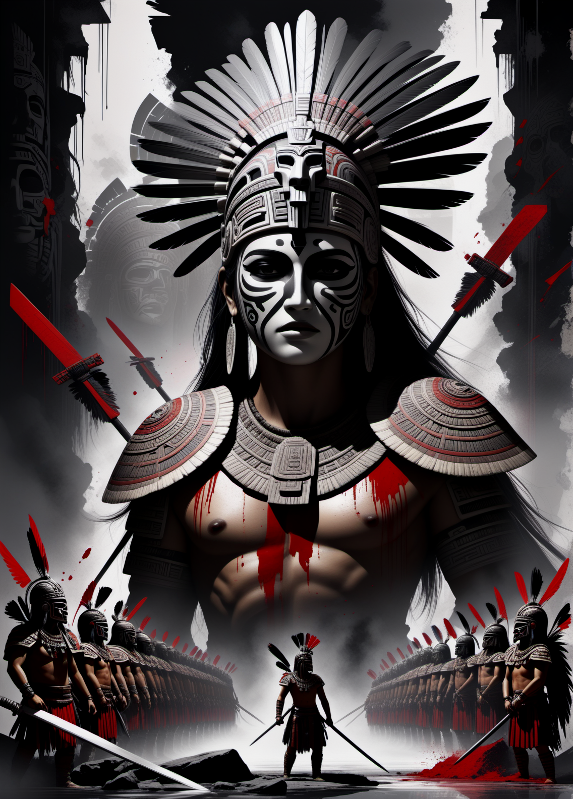 rsmls,a group of rebels fighting against a tyrannical government,aztec mythology,masterpiece,messy,surreal,abstract,high contrast,awardwinning,8k,trending on artstation and deviantart <lora:RussMillsXL:0.8>