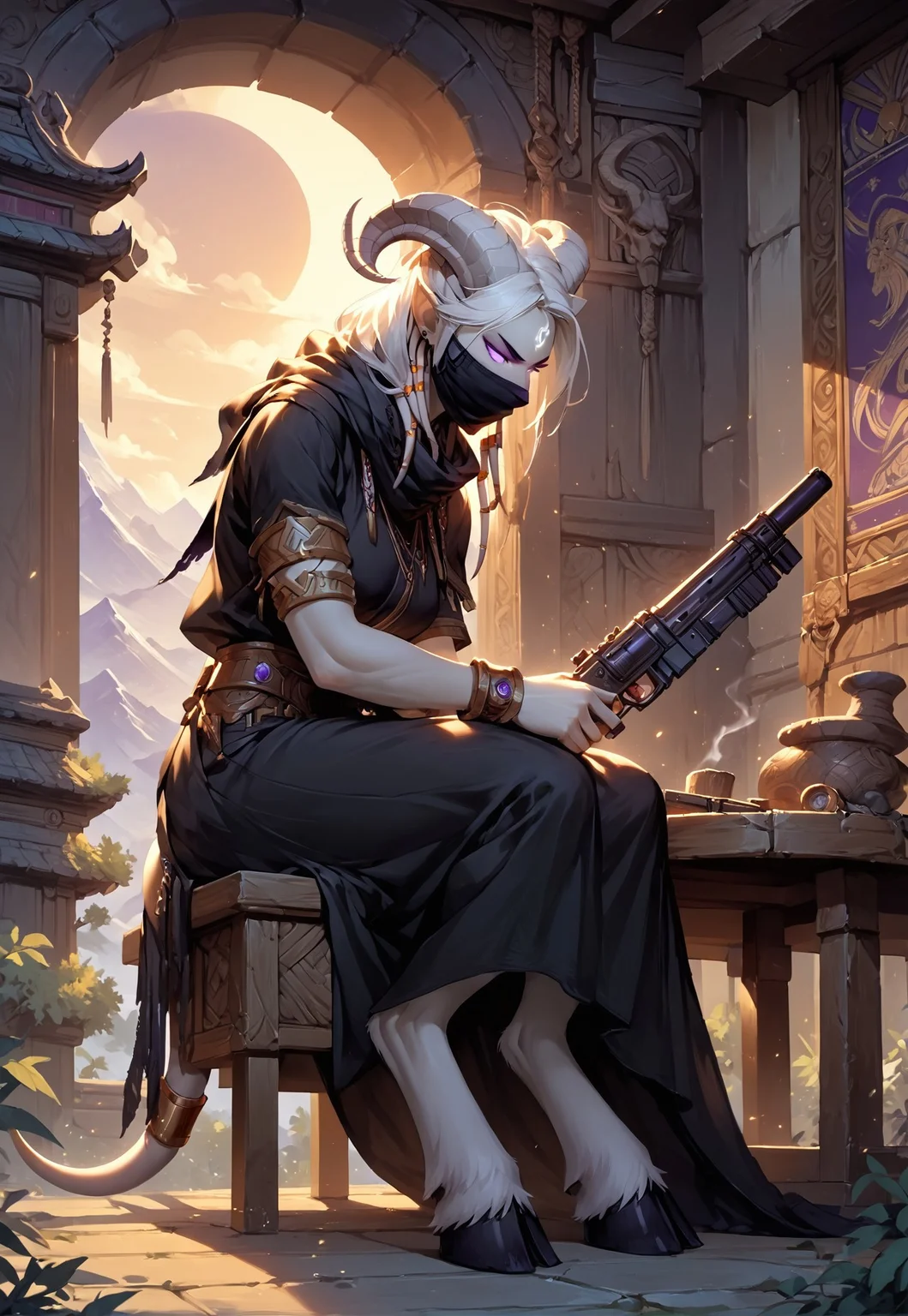 masterpiece, score_9, score_8_up, score_7_up, score_6_up, world of warcraft,
outdoor, evening, mountains,
(female, mature, draenei, h0rns, ram horns, white horns, athletic arms, pale white skin, long white hair, four fingers, one thumb), (purple eyes), stern face, stern look,
(long loose black dress, simple armlet, black facemask, black silk scarf), GunMonk, shotgun,
full body, side view, indoors, temple, sitting at table