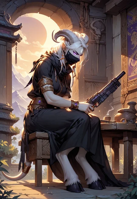 masterpiece, score_9, score_8_up, score_7_up, score_6_up, world of warcraft,
outdoor, evening, mountains,
(female, mature, draenei, h0rns, ram horns, white horns, athletic arms, pale white skin, long white hair, four fingers, one thumb), (purple eyes), stern face, stern look,
(long loose black dress, simple armlet, black facemask, black silk scarf), GunMonk, shotgun,
full body, side view, indoors, temple, sitting at table