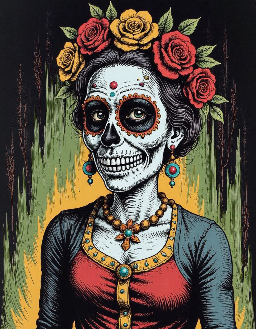a spooky illustration of a Day of the Dead, in the style of r0b3rt_crum8