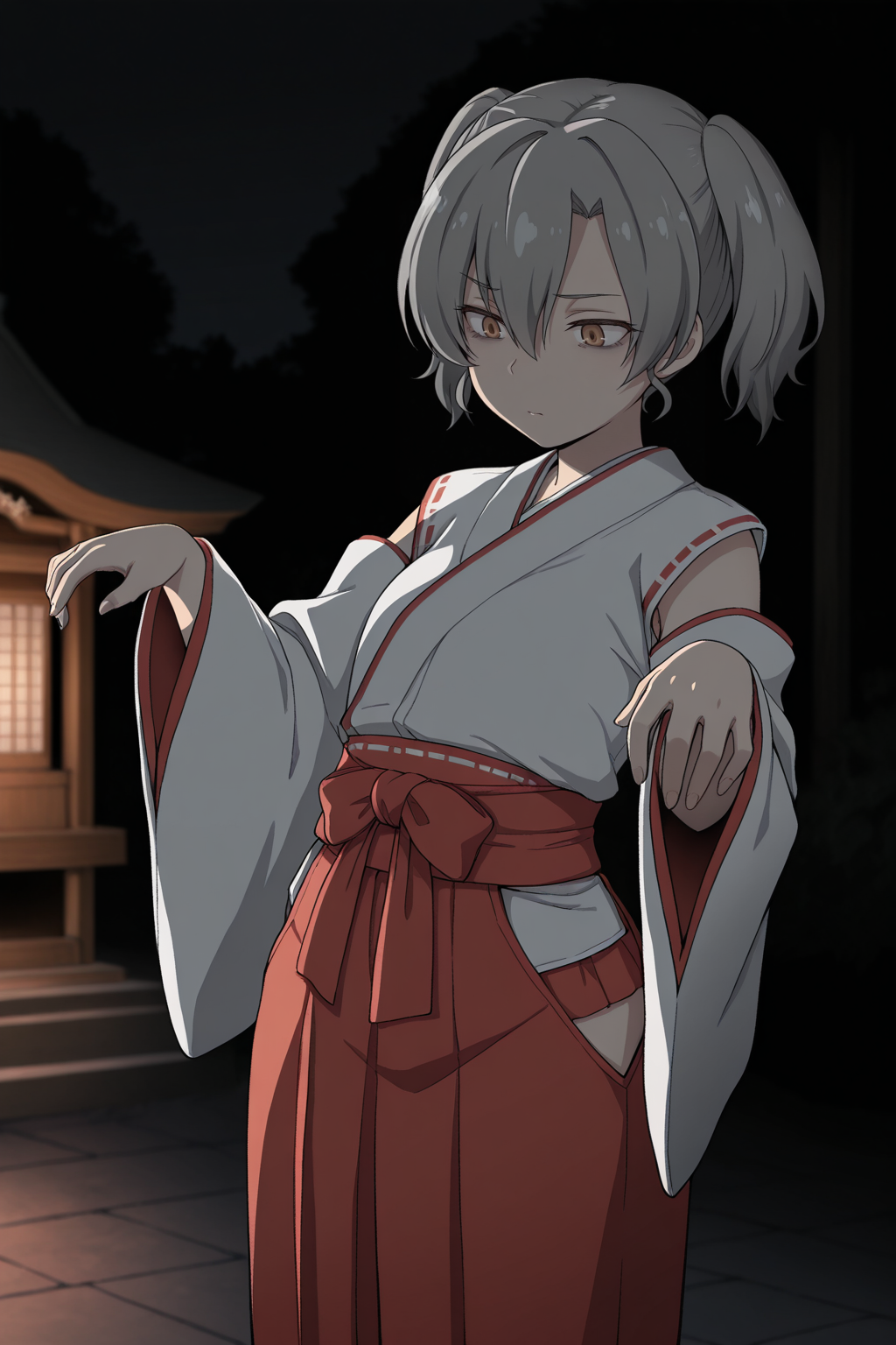 masterpiece, best quality, amazing quality, 1girl, sh10r1s41t0u, grey hair, short hair, twintails, hair between eyes, brown eyes, shrine Maiden, detached_sleeves, red skirt hakama, hip vent, outdoors, partially illuminated, dark, aesthetic, zombie pose, solo