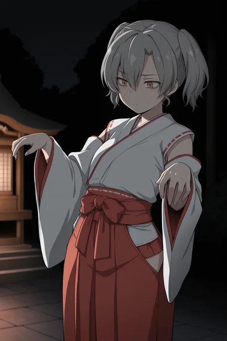 masterpiece, best quality, amazing quality, 1girl, sh10r1s41t0u, grey hair, short hair, twintails, hair between eyes, brown eyes, shrine Maiden, detached_sleeves, red skirt hakama, hip vent, outdoors, partially illuminated, dark, aesthetic, zombie pose, solo
