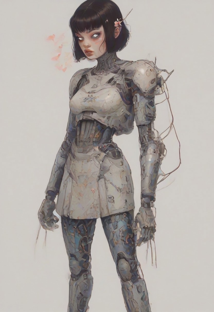 score_9,score_8_up,score_7_up,score_6_up,score_5_up,score_4_up, full body, tomie kawakami, standing in lost city, solo,female focus,looking at the spectator,(Heart-shaped face, dark blue eyes, plump lips, short bob-cut dark brown hair, 5'6", 125 lbs, medium breasts, narrow waist, slender figure, a star tattoo on the ankle, pale skin, angular jawline, and slightly upturned nose.:1.3),(A gold lace bra paired with a black puffy mini skirt, and finished with bold gold high heels on a platform, featuring exquisite lace designs and a skirt made of rich velvet fabric, providing a luxurious and captivating look.:1.3),(plain contrasting background:1.3),(full-length:1.5),hands,Perfect hand,Perfect feet,Perfect eyes,cyb0rg,science fiction,cable,mechanical parts, stunted dark city background , horror, scary city,<lora:feet v3:1>,<lora:hand 4:1>,<lora:PerfectEyesXL:1>,zPDXL2,zPDXLpg,<lora:cyb0rgXLP:0.8>,<lora:add-detail-xl:1>,<lora:DP-Pony:1>,p33rs,<lora:incase-ilff-v3-4:0.2>,
