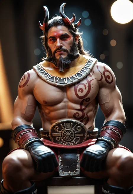 <lora:beastmaster_v3:0.9> beastmaster_v3
1boy,
brown eyes,
brown hair, black hair,
facial hair, beard, mustache,
horns,
red tattoo,
muscular, abs
red mask,
neck cloth ,gloves, boots,
Sitting forward, score_9, score_8_up, score_7_up, score_6_up, derpibooru_p_95,
detailed eyes, beautiful, detailed background, perfect eyes,
blur censor, blurry, blurry background, blurry foreground, bokeh, motion blur,
chromatic aberration, depth of field, figure, focused, focus
photography, realistic sun light and shadows, photorealism, UHD --ar 9:16 --style raw --stylize 700,
solo,
raw lighting, detailed, (warm colors, bokeh, godrays) (masterpiece best quality ultra-detailed best shadow amazing realistic picture),loop lighting.detailed background, dynamic angle, volumetric lighting,