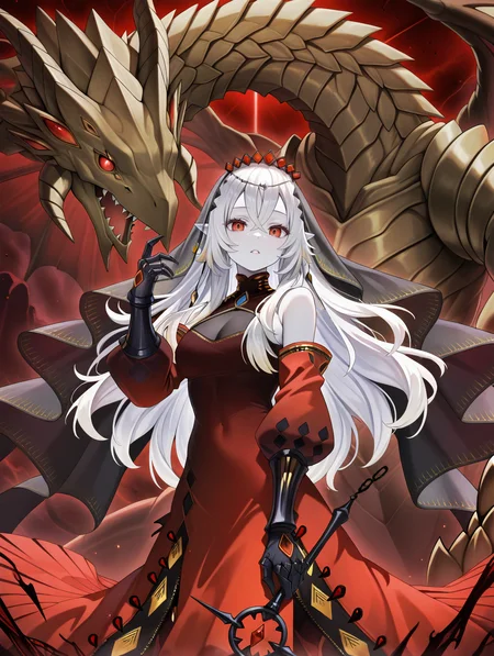 black gauntlets, blazing cartesia the virtuous, red dress, red detached sleeves, 1girl, looking at viewer, holding rapier, parted lips, brown dragon, 1other, black bridal veil, granguignol the dusk dragon, white skin
masterpiece,best quality,amazing quality,very aesthetic,absurdres,newest,<lora:blazing cartesia the virtuous illuXL v1.2:0.8>,