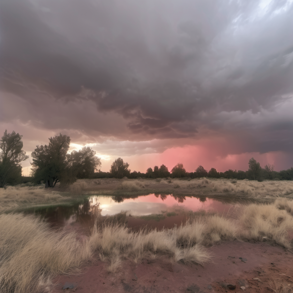 raw, romantic forest fields with pond, storm cloudy sky  (sunset red sky:1.1),  autumn sun low on horizon, desert oasis , lightning <lora:Cloudify-SDXL:1>