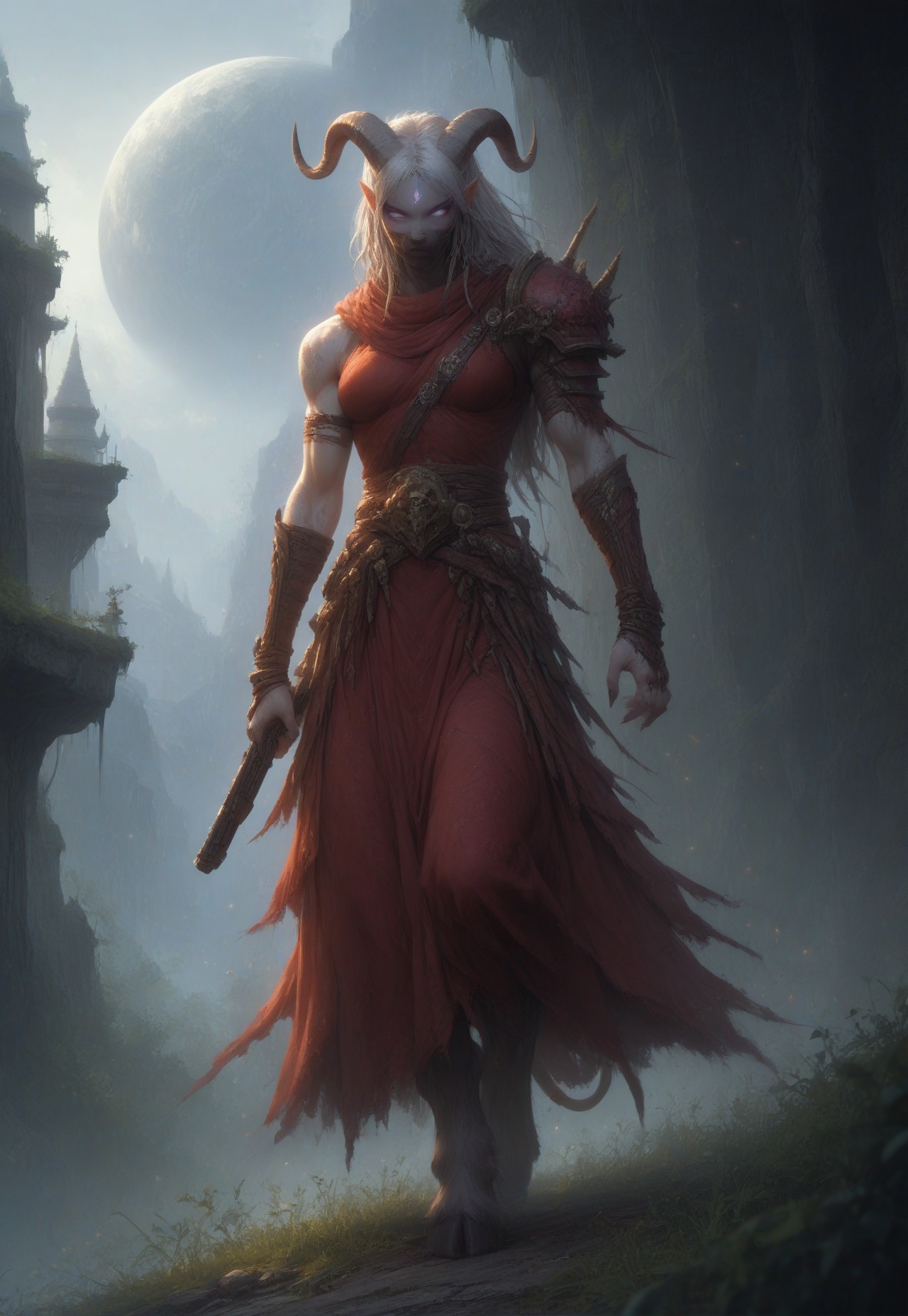 (absurdres, best quality, masterpiece:1.4), score_9, score_8_up, score_7_up, score_6_up, detailed, detailed body, detailed face, world of warcraft, fantasy, 

fFaceDetail, SkinDetail, ((female, draenei, tall, athletic arms, pale white skin, smooth skin, long white hair, purple eyes, no pupil, no sclera, long white tail), (h0rns, ram horns, white horns), 
(long fingers, purple fingernails, purple nail polish)), 

(long loose red dress, simple armlet, black facemask, red silk scarf), GunMonk, shotgun, holding shotgun,

full body, side view

outdoor, evening, mountains,