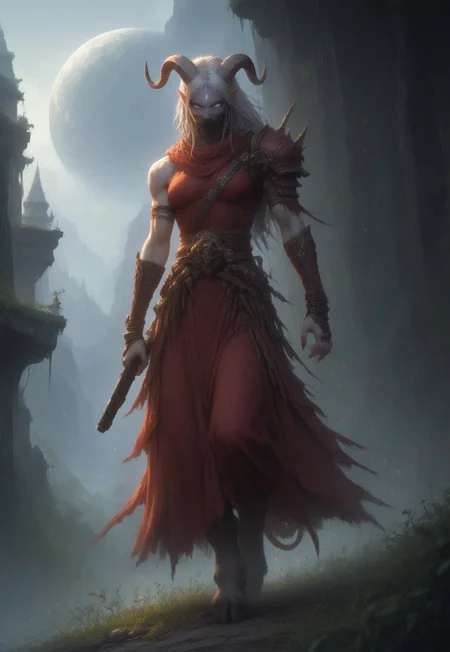 (absurdres, best quality, masterpiece:1.4), score_9, score_8_up, score_7_up, score_6_up, detailed, detailed body, detailed face, world of warcraft, fantasy,
fFaceDetail, SkinDetail, ((female, draenei, tall, athletic arms, pale white skin, smooth skin, long white hair, purple eyes, no pupil, no sclera, long white tail), (h0rns, ram horns, white horns),
(long fingers, purple fingernails, purple nail polish)),
(long loose red dress, simple armlet, black facemask, red silk scarf), GunMonk, shotgun, holding shotgun,
full body, side view
outdoor, evening, mountains,