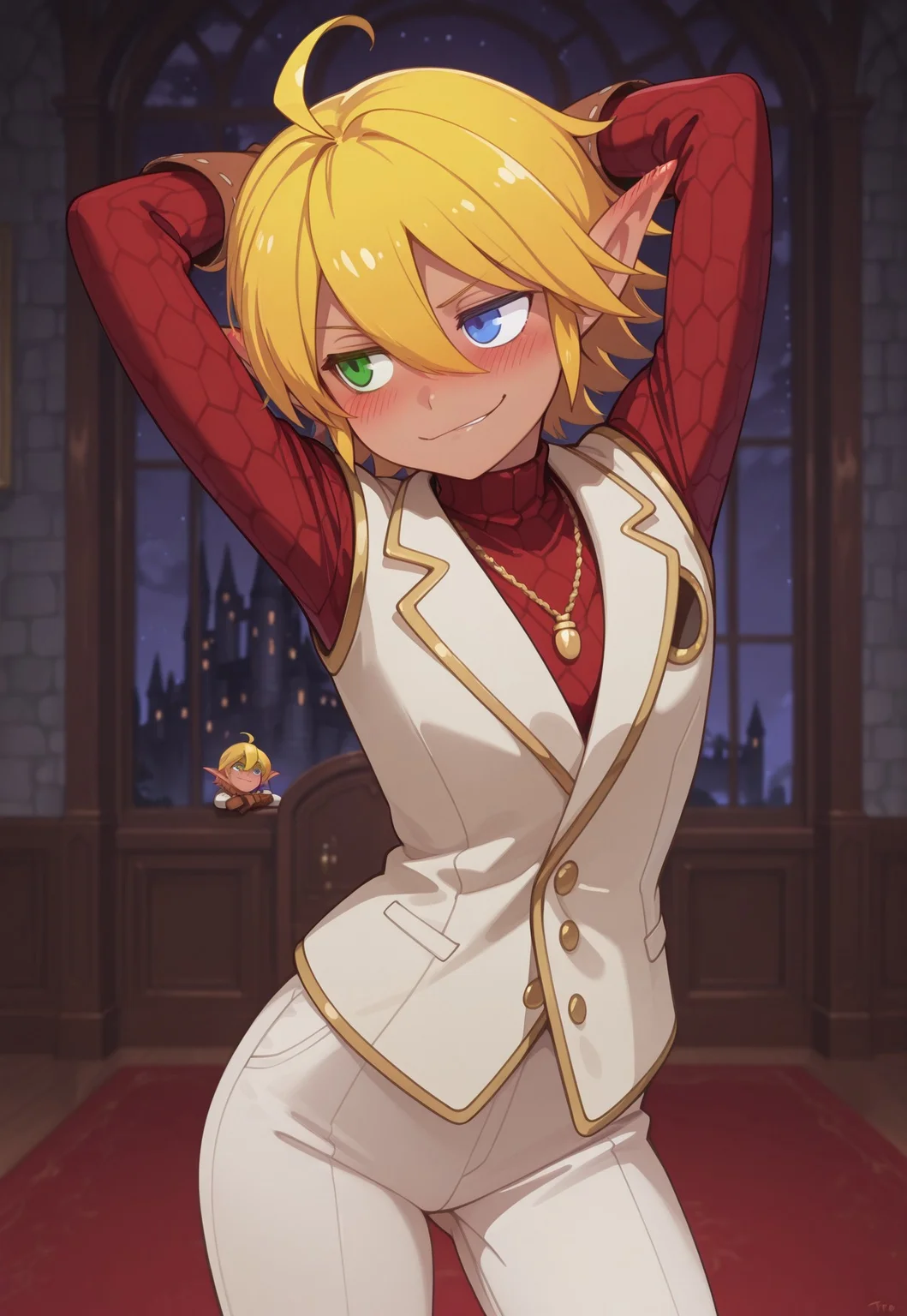 safe_pos, masterpiece, best quality, typ0, (((1girl))), solo,

((illuaura, dark skin, pointy ears, green eyes, blue eyes, heterochromia, blonde hair, short hair, ahoge, hair between eyes, vest, necklace, jewelry, gloves, white pants,))

blush, dynamic pose, smirk, arms behind head, cowboy shot,  standing,

indoors, castle bedroom background, night time,