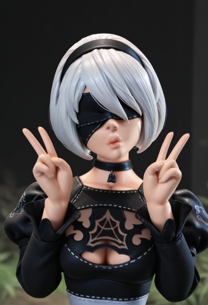 r0b0style, 3d figure,   masterpiece, best quality, solo,                  (Nier Automata), white hair, blindfold, faceshot, choker, double v,  puckered lips, head tilt,