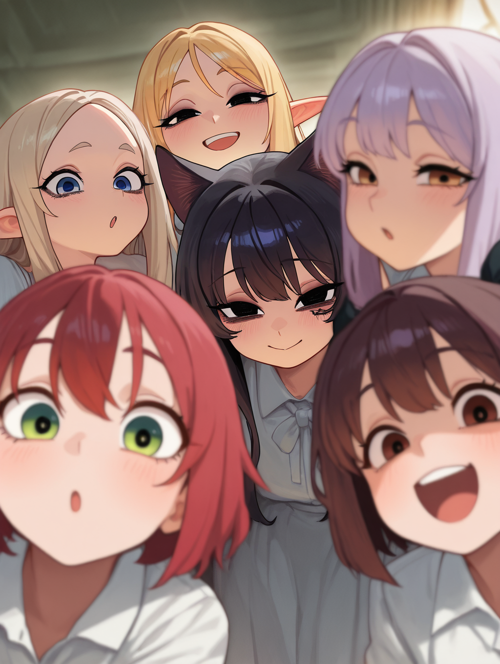 Mevak_PS, masterpiece, best quality, amazing quality, very aesthetic, high resolution, ultra-detailed, extremely detailed eyes, detailed face, absurdres, newest, best illumination, depth of field, complex background, detailed background, family photo, looking at viewer, happy, blurry, angel girl(blonde hair), demon girl(black hair), cat girl(purple hair), elf girl(white hair), gyaru(golden hair), japanese girl(black hair), european girl(red hair), latin girl(brown hair), multiples girls, +8girls, +6girls