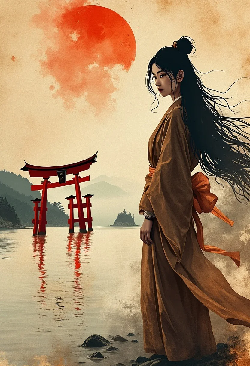 Watercolor Ink Wash, digital image art on rice paper, sepia, henna , Silhouette Art, magnificent, intricate linework with expressive contrasts, soft lighting with dynamic highlights, image of a serene Japanese woman with long flowing hair, standing on the shoreline, looking at viewer, with a colossal red torii gate behind her in the Sea of Japan, far from shore, forested coastline, foggy