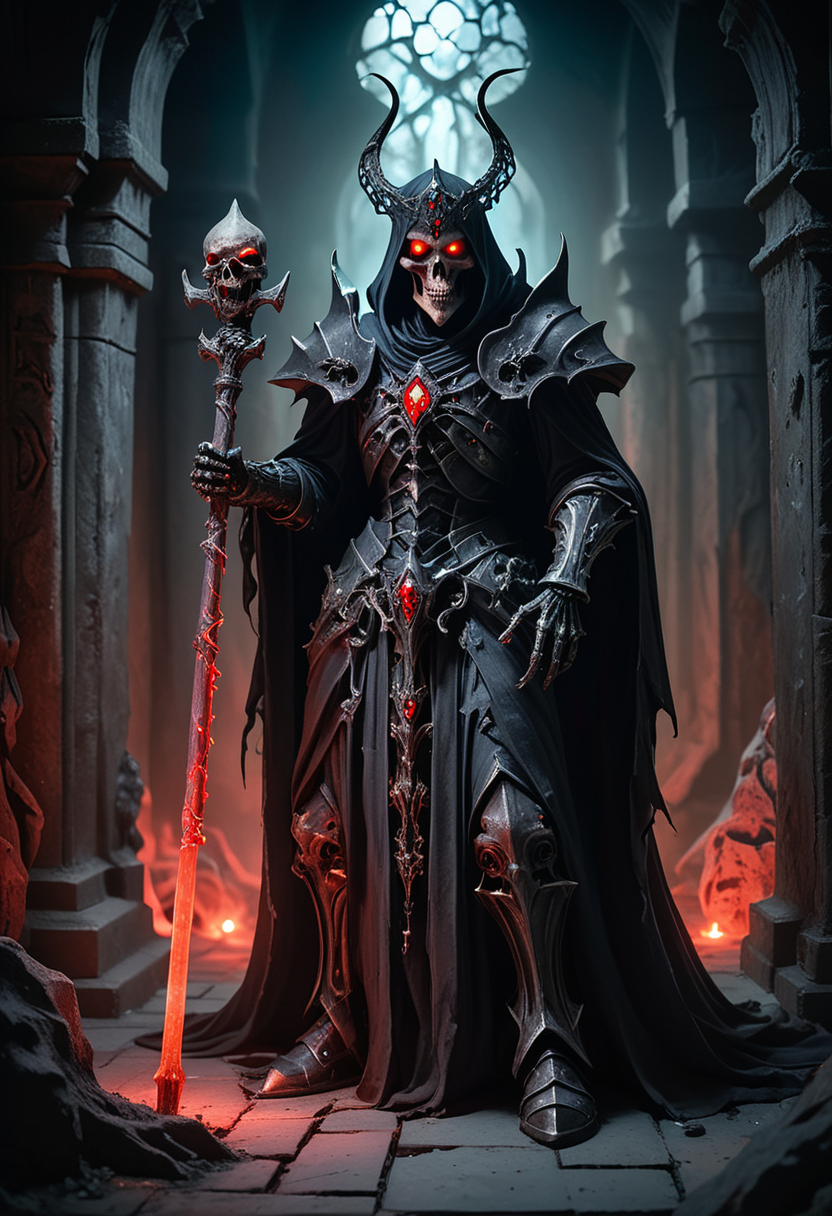(medium full shot) of (dark lich) with glowing red eyes, wearing a shadowy gray enchanted clothing, armored boots, holding a ancient staff with glowing crystal, surrounded by surrounded by a glowing aura, set in  crypt, underground, labyrinthine passages, hidden chambers, skeletal remains, ,Masterpiece,best quality, raw photo, realistic, very aesthetic, dark