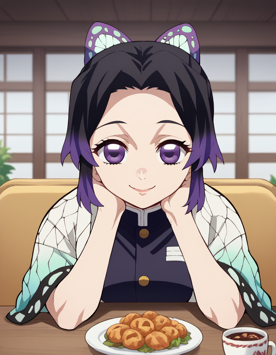 score_9, score_8_up, score_7_up, source_anime, <lora:shinobu-kochou-anime-ponyxl-lora-nochekaiser:1>, shinobu kochou, animal print, black hair, butterfly, butterfly hair ornament, butterfly print, forehead, gradient hair, hair ornament, haori, multicolored hair, parted bangs, purple hair, short hair, two-tone hair, medium breasts, <lora:pov-across-table-ponyxl-lora-nochekaiser:1> pov across table, pov dating, restaurant, table, meal, care, cup, head rest, smile, elbow on table, food, elbow rest, ,