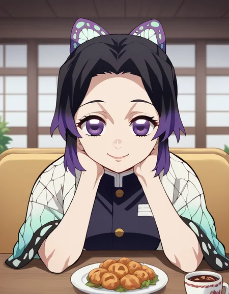 score_9, score_8_up, score_7_up, source_anime, <lora:shinobu-kochou-anime-ponyxl-lora-nochekaiser:1>, shinobu kochou, animal print, black hair, butterfly, butterfly hair ornament, butterfly print, forehead, gradient hair, hair ornament, haori, multicolored hair, parted bangs, purple hair, short hair, two-tone hair, medium breasts, <lora:pov-across-table-ponyxl-lora-nochekaiser:1> pov across table, pov dating, restaurant, table, meal, care, cup, head rest, smile, elbow on table, food, elbow rest, ,