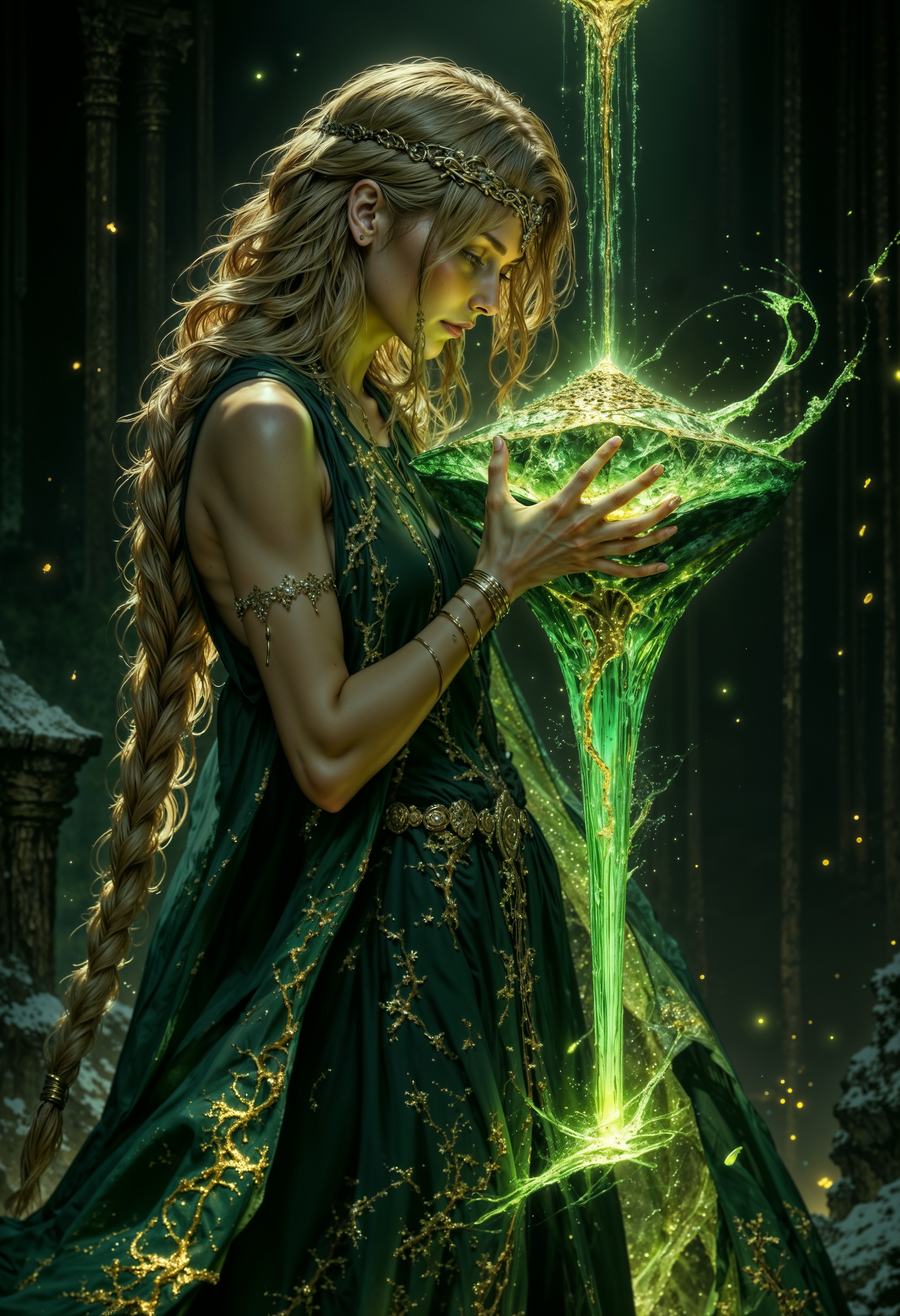 A photograph of an ancient, mystical vessel crafted from deep emerald crystal, radiating potent elven magic. The vessel, with its elegant, elongated shape, is adorned with glowing elven symbols and swirling, vine-like patterns that seem alive with enchantment. QMarika gracefully sips from the vessel, which contains a luminous, magical potion. QMarika, with long, blonde hair and glowing eyes, exudes an ethereal presence. As she drink, the potion emits a radiant, otherworldly light, with wisps of magical energy swirling around QMarika's hand and the vessel. The crystal shimmers with shifting iridescent colors, and the scene is bathed in a soft, enchanting glow, capturing a moment of pure, timeless magic,
(maximum ultra high definition image quality and rendering:3), maximum image detail, maximum realistic render, (((ultra realist style))), realist side lighting, , 8K high definition, realist soft lighting, (amazing special effect:3.5) <lora:FluxQMarikaV1:0.9> <lora:FluxMythP0rtr4itStyle:0.6> <lora:flux.1_lora_flyway_Epic-Characters_v1:0.6> <lora:Elden_Ring_-_Yoshitaka_Amano:0.33>