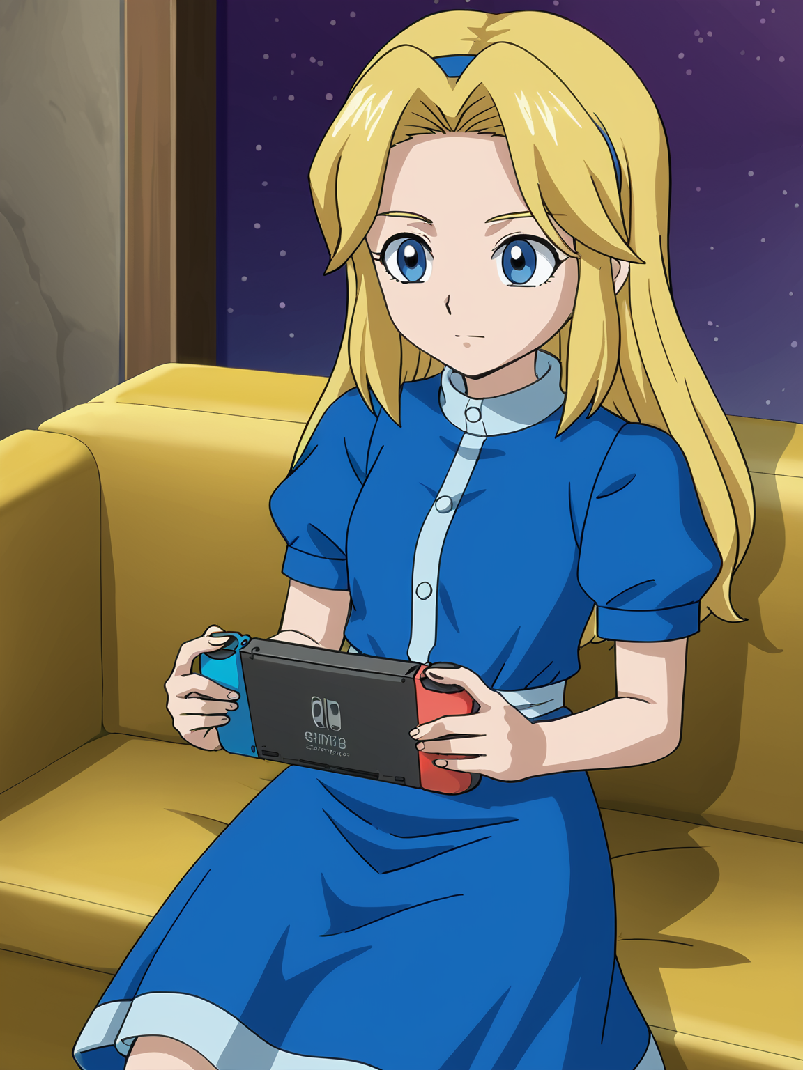 dress, <lora:Maria Robotnik (SxSG):0.9> sxsgdbmaria, blonde hair, source_anime, nintendo switch