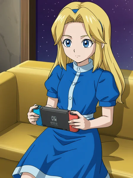 dress, <lora:Maria Robotnik (SxSG):0.9> sxsgdbmaria, blonde hair, source_anime, nintendo switch