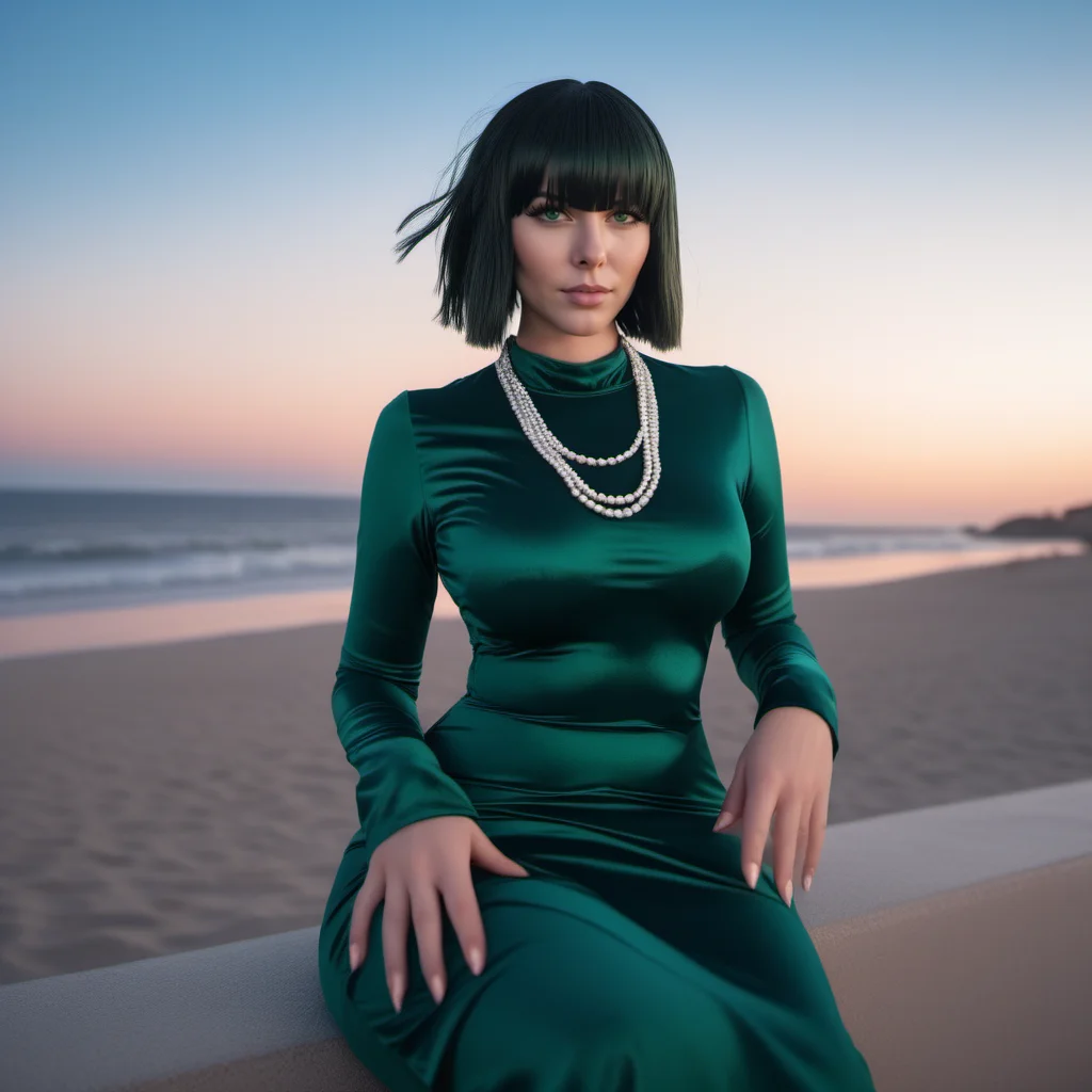 cinematic photo 1girl, large breast, green eyes, dress, necklace, short black hair, bangs, having a cocktail on the beach, sunset <lora:Fubuki1024:0.8> . 35mm photograph, film, bokeh, professional, 4k, highly detailed