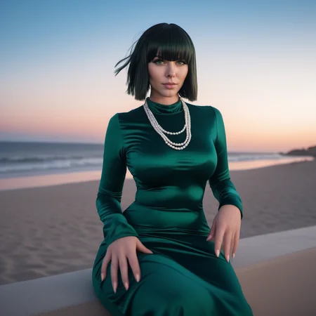 cinematic photo 1girl, large breast, green eyes,  dress, necklace, short black hair, bangs, having a cocktail on the beach, sunset <lora:Fubuki1024:0.8> . 35mm photograph, film, bokeh, professional, 4k, highly detailed