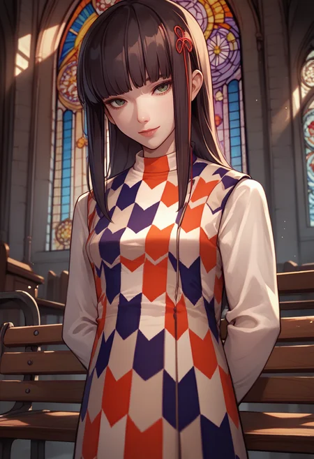 score_9, score_8_up, score_7_up, source_anime, 1girl, looking at viewer, smile, arms behind back, <lora:HifumiP5-pdxl:1> casHifumi, long hair, blunt bangs, hair ornament, checkered dress, medium breasts, white long sleeves, indoors, church, stained glass, bench