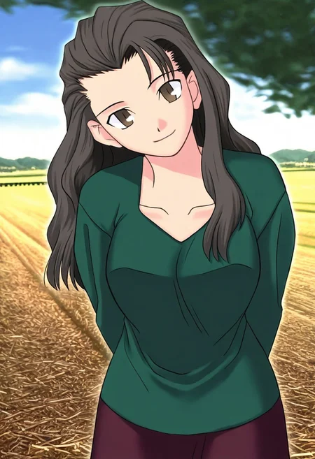 masterpiece, best quality, <lora:Tsukihime NXL:1>,solo,masterpiece, best quality, 
1girl, female focus, large breasts,  solo, brown eyes, thin brown highlights in hair, black hair, thin blonde highlights in hair, long hair,wavy hair, hair part, side part, hair slicked back, small mouth, short nose, small nose, cute face, soft hair,
outdoor, farm, sunny day, head tilt, hands behind back, leaning forward, quarter view,  innocent smile, cheerful feeling, feminine, girlish, cute