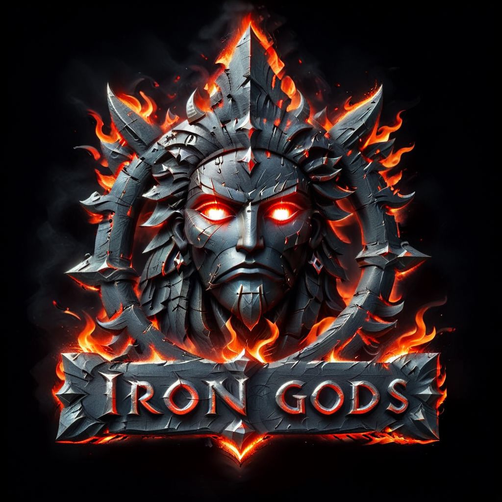 eng-fe26goc, ((text logo that says "iiron Gods")), surrounded by flames, embers, glowing red stare at you from the darkness, black background,