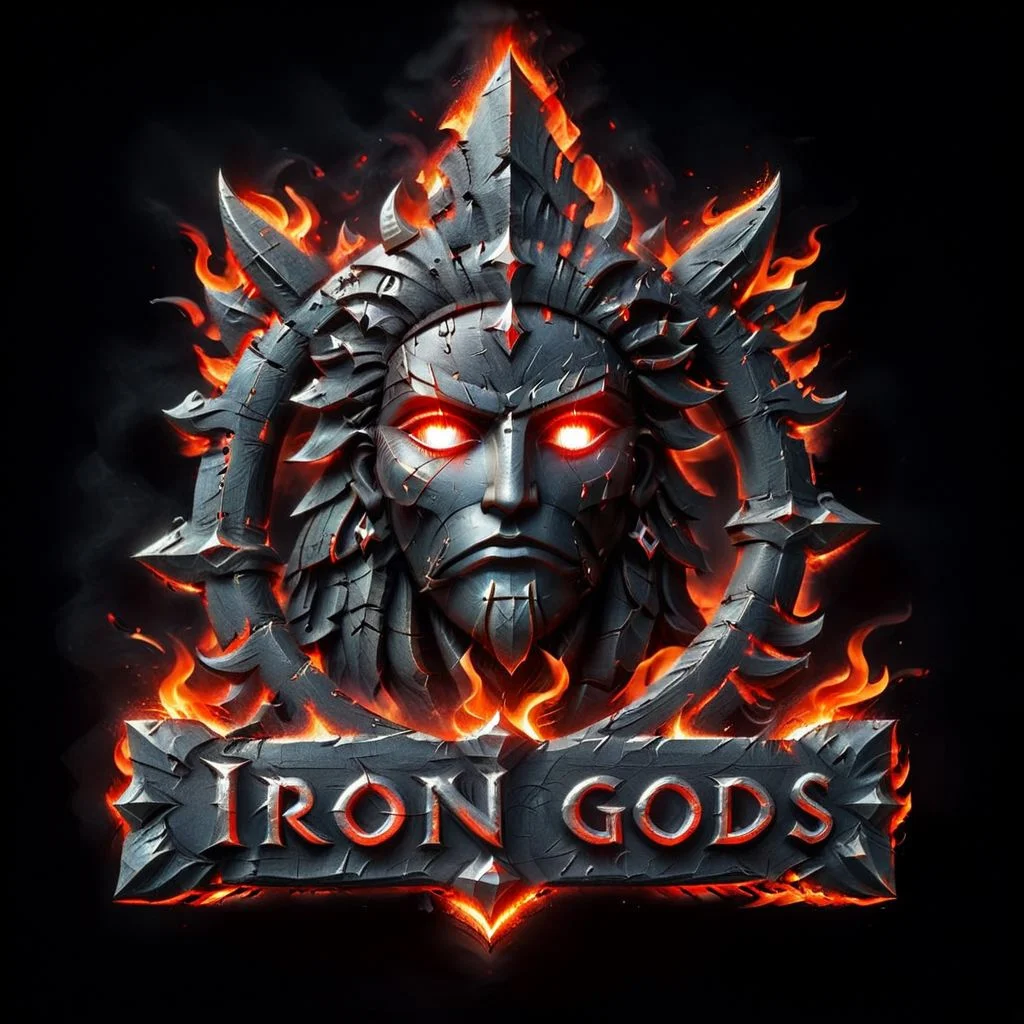 eng-fe26goc, ((text logo that says "iiron Gods")), surrounded by flames, embers, glowing red stare at you from the darkness, black background,
