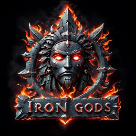 eng-fe26goc, ((text logo that says "iiron Gods")), surrounded by flames, embers, glowing red stare at you from the darkness, black background,