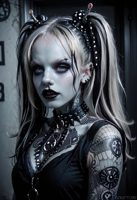 score_9, score_8_up, score_7_up, BREAK
Aesthetic: ((goth, dark, macabre, subculture, fashion, music):1.4) BREAK,
lighting: Chiaroscuro Lighting Style, detailed, clean, urban scenery, ink BREAK
Quality: intricate, highly detailed, sharp focus, realistic, 8k BREAK
Appearance: (22 years old), white girl, andorian girl, blue eyes, detailed eyes, big eyes, perfect eyes, twintails, white hair, violet highlights, BREAK
(good quality:0.996), BREAK