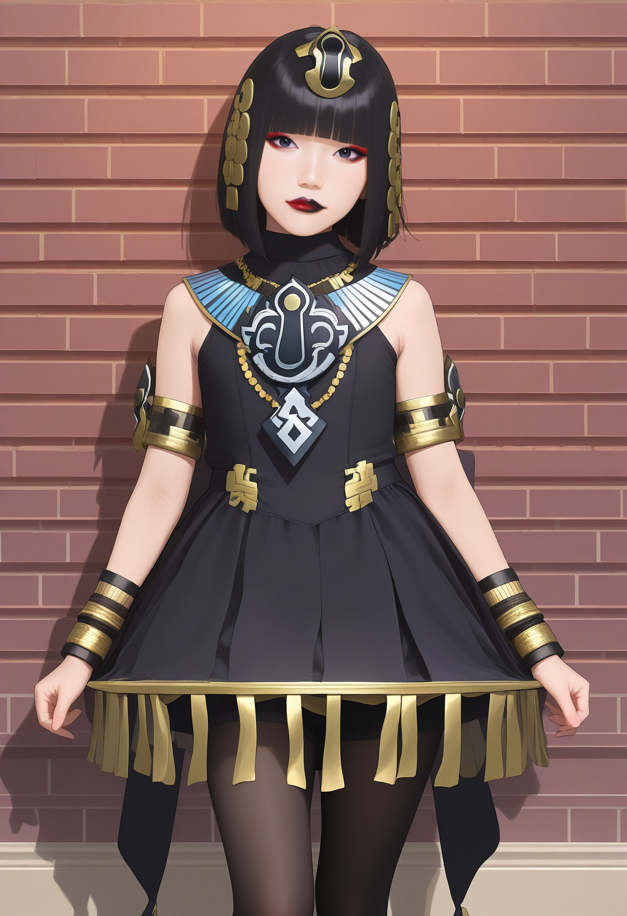 best hands, 5 fingers, <lora:Atropos_IL1.1:0.9>looking at viewer, 
Atropos, 1girl, solo, black short hair, blunt bangs, black eyes, Red and black lips, makeup, jewelry,
necklace, black sleeveless dress, bracelet, armlet, egyptian, black pantyhose, Black Pumps
realistic, realistic_style, asian
BREAK indoors, brick wall