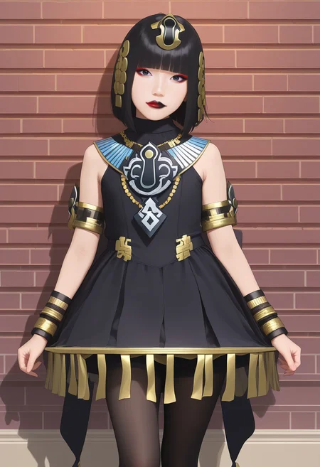 best hands, 5 fingers, <lora:Atropos_IL1.1:0.9>looking at viewer,
Atropos, 1girl, solo, black short hair, blunt bangs, black eyes, Red and black lips, makeup, jewelry,
necklace, black sleeveless dress, bracelet, armlet, egyptian, black pantyhose, Black Pumps
realistic, realistic_style, asian
BREAK indoors, brick wall