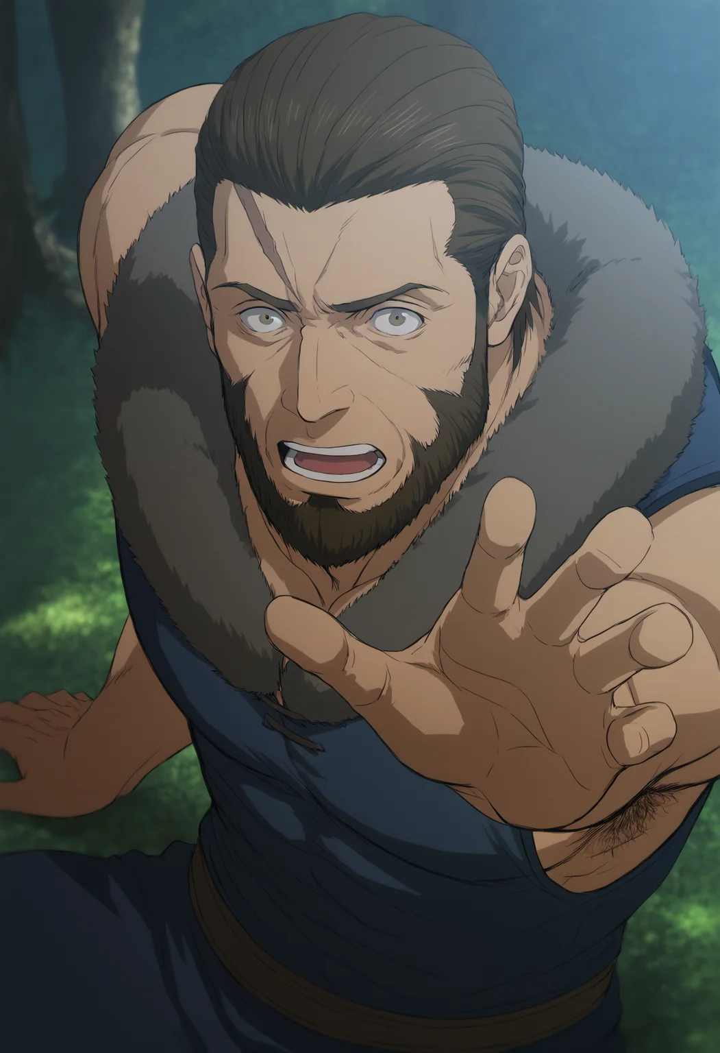 1boy, bandit_SkeletonKnight, scars on face, beard, brown hair, brown eyes, veiny arms, score_8_up, score_7_up, score_6_up, score_9_up, a muscular man sitting on the ground at forest, fantasy, ancient ,medieval, fur collar, (manly),sleeveless shirt, hairy, face_focus, middle-age man, muscular, centered,looking at viewer,  detailed eyes, 8k uhd, high quality, bare arms, arm up, armpit, armpit_hair, surprised, from above, front view, stop desture, open hand