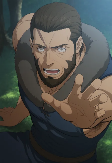 1boy, bandit_SkeletonKnight, scars on face, beard, brown hair, brown eyes, veiny arms, score_8_up, score_7_up, score_6_up, score_9_up, a muscular man sitting on the ground at forest, fantasy, ancient ,medieval, fur collar, (manly),sleeveless shirt, hairy, face_focus, middle-age man, muscular, centered,looking at viewer,  detailed eyes, 8k uhd, high quality, bare arms, arm up, armpit, armpit_hair, surprised, from above, front view, stop desture, open hand