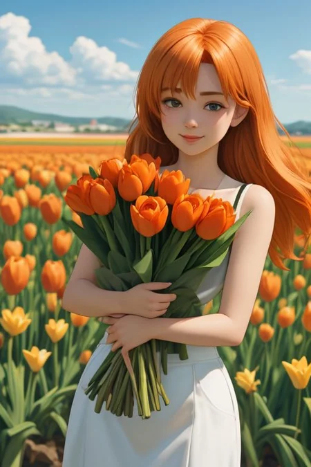 orange hair girl with a big bouquet of tulips, happy, sunny day, field of flowers