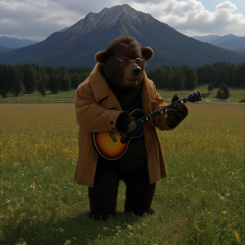 ted bedderhead, big bear, tall, dark brown fur, belly, standing tall, glasses, hand paws, claws, feet paws, black nose, wearing coat, playing a guitar, in an open field, mountains in background