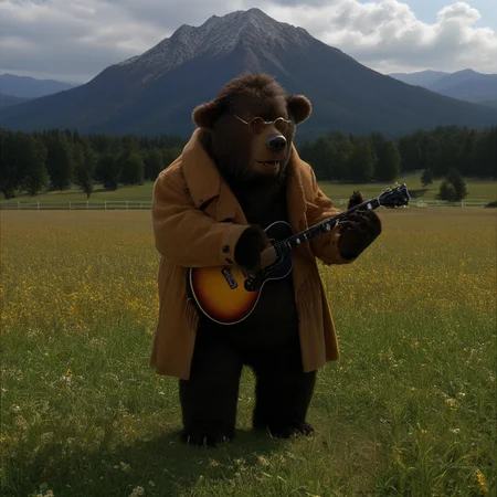 ted bedderhead, big bear, tall, dark brown fur, belly, standing tall, glasses, hand paws, claws, feet paws, black nose, wearing coat, playing a guitar, in an open field, mountains in background