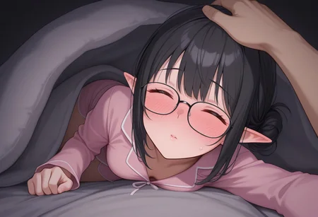 Bedroom, detailed background, cute, very pretty,
1elf(petite elf, black hair, small breasts, messy bun, hair in a bun, eyes closed, wearing glasses, pointed ears, pink pajamas), laying on side,(blushing), shy, (embarrassed), bed invitation, incoming_kiss,incoming kiss, imminent kiss, lips,
Male pov, (head pat)