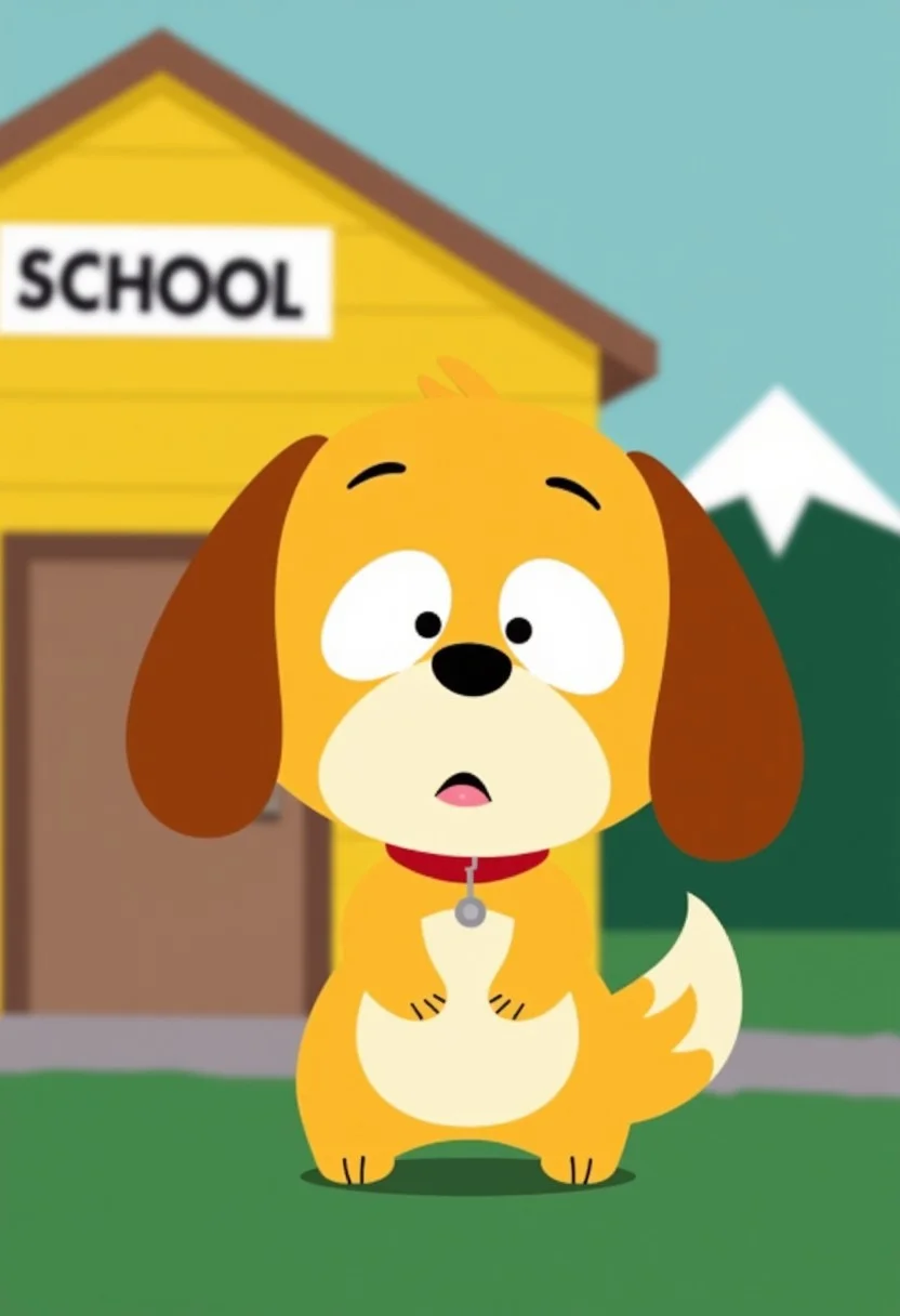 an image in the style of the tv show south park of A 3D-rendered isabelle (animal crossing), anthro-dog in a simple cartoon style with large plain eyes and a large round head. Simple and cute, standing in front of a yellow school building