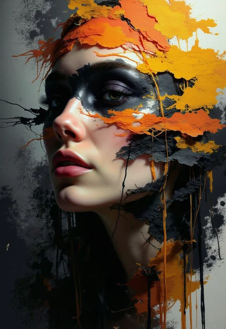 Watercolor style, watercolor, wet on wet, paintstreaks, watercolor painting, \nA A digital abstract Portrait Dream art piece with a side profile of a woman's face. The face is made of horizontal layers of vibrant colors, such as orange, black, and yellow. The layers give the illusion of peeling or disintegrating. The cracked, textured surface resembles aged paint or weathered wood. The background is a gradient of black and grays.