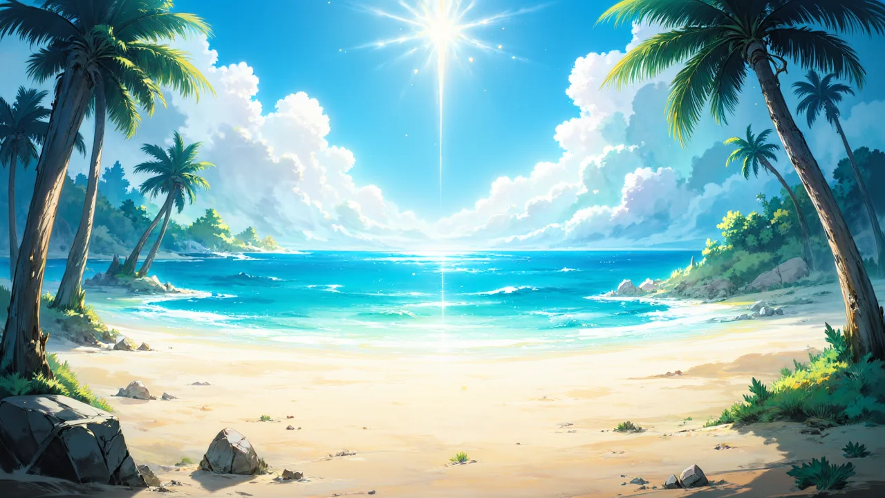 painted world, breathtaking view of a tropical paradise, sandy beaches and a beautiful ocean, palm trees line the horizon as the sun is high overhead
