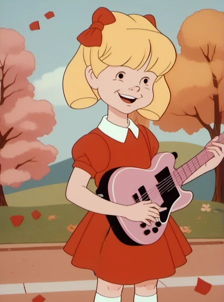 score_9, score_8_up, score_7_up, 1girl, solo, cindyb, child, playing guitar, blonde hair, black dot eyes, short sleeves, red dress, bows, big smile, face focus, white socks, red shoes, <lora:Cindy_Brady:1>, detailed face, paisley background, retro artstyle,