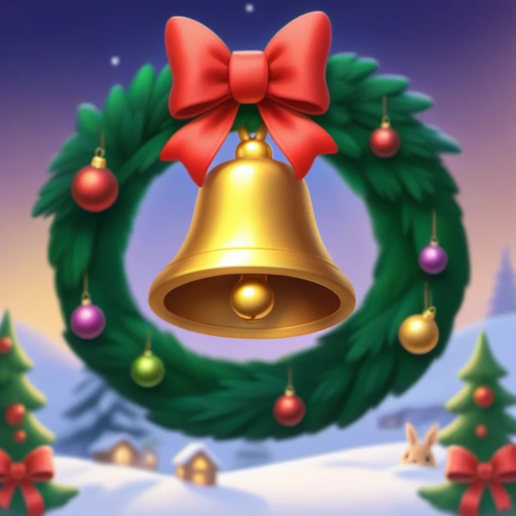 <lora:Christmas bell_XSE_GAME_V1-000020:0.8>,the bell hangs on the christmas wreath,[christmas bells],Gold bells,wreath placed in the distance,in front of them stood 1 rabbits,